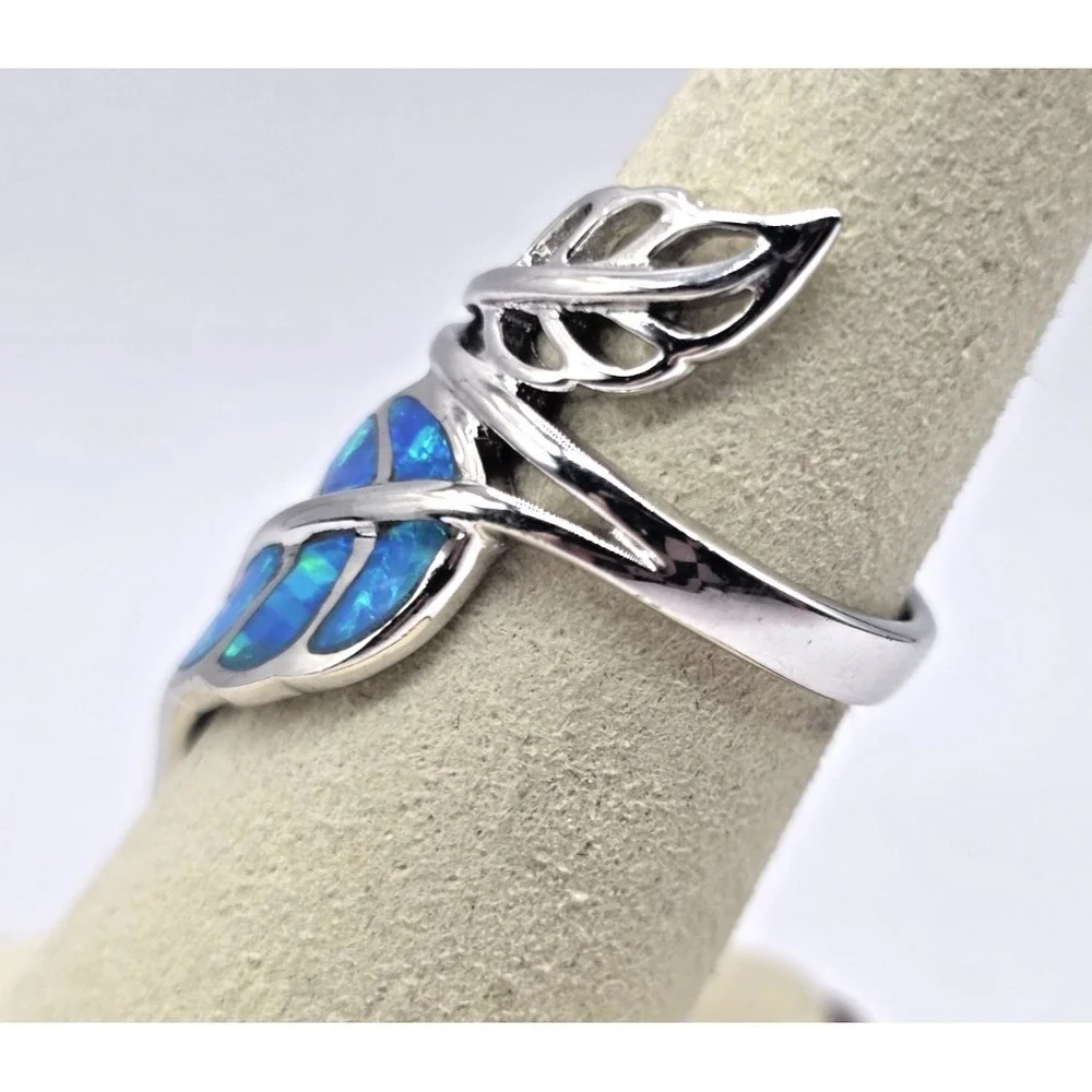 Gorgeous Blue Lab Opal Ring Size 6.75 Leaf Fern‎ Wrap Sterling Silver 925 NWOT